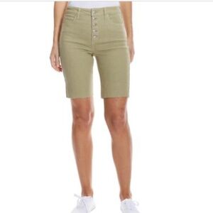 NWT OAT Women S High-Rise Button-Fly Bermuda Jean Shorts Dark Green Size 26 $64